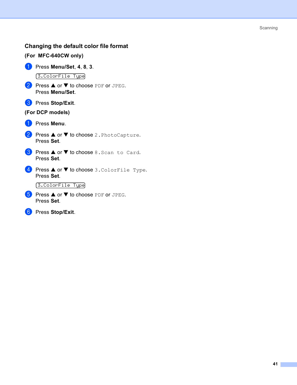 Changing the default color file format | Brother MFC-640CW User Manual | Page 47 / 160