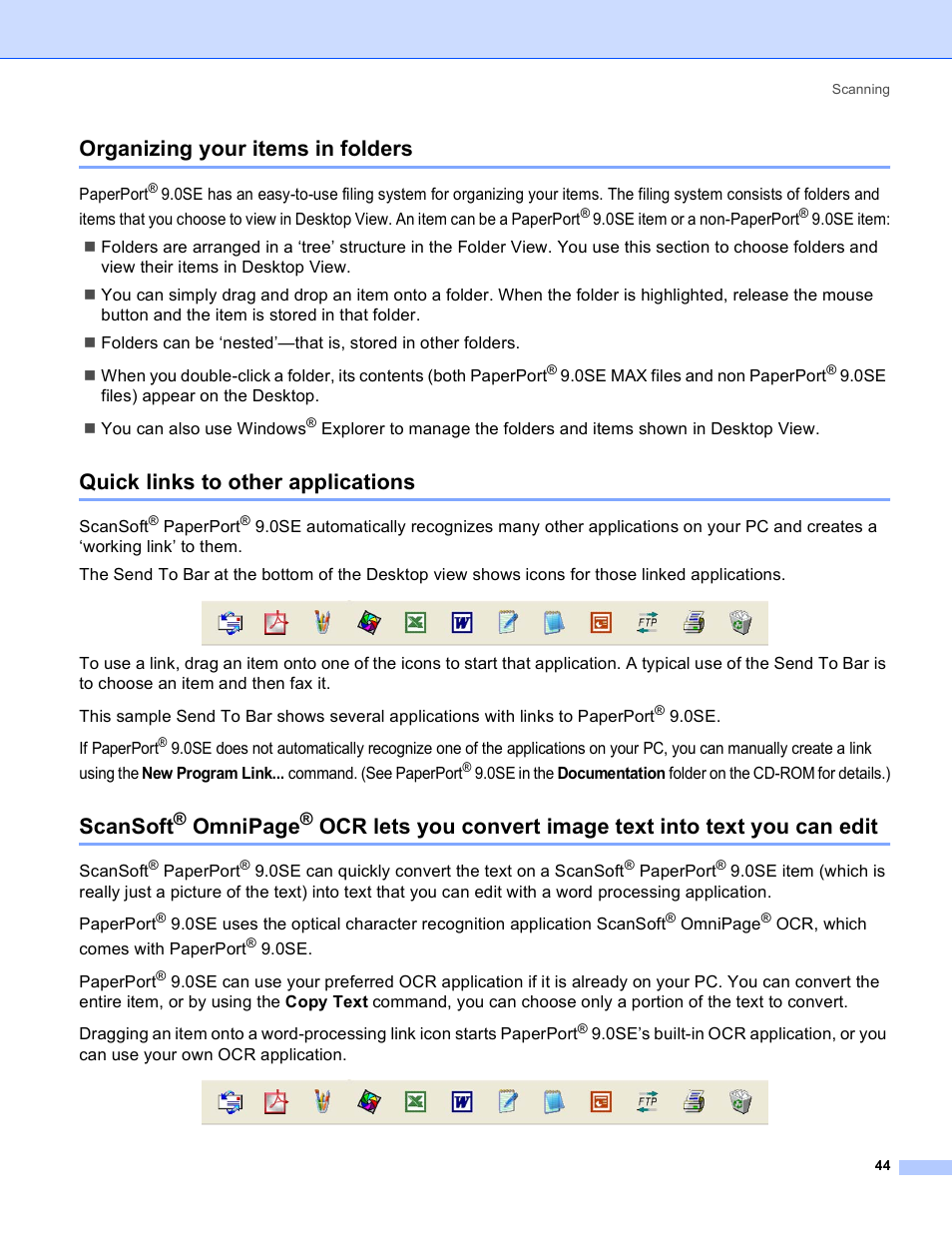 Organizing your items in folders, Quick links to other applications, Scansoft | Omnipage | Brother MFC-640CW User Manual | Page 50 / 160