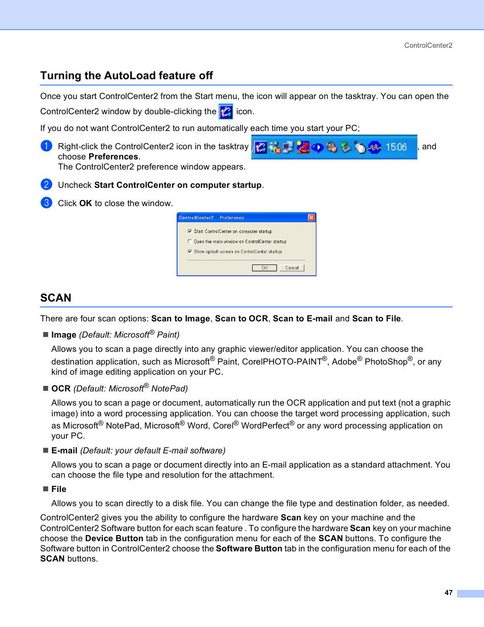 Turning the autoload feature off, Scan, Turning the autoload feature off scan | Brother MFC-640CW User Manual | Page 53 / 160