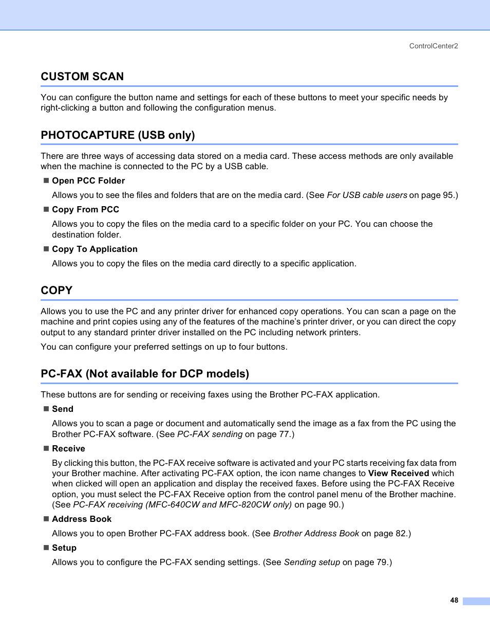 Custom scan, Photocapture (usb only), Copy | Pc-fax (not available for dcp models) | Brother MFC-640CW User Manual | Page 54 / 160