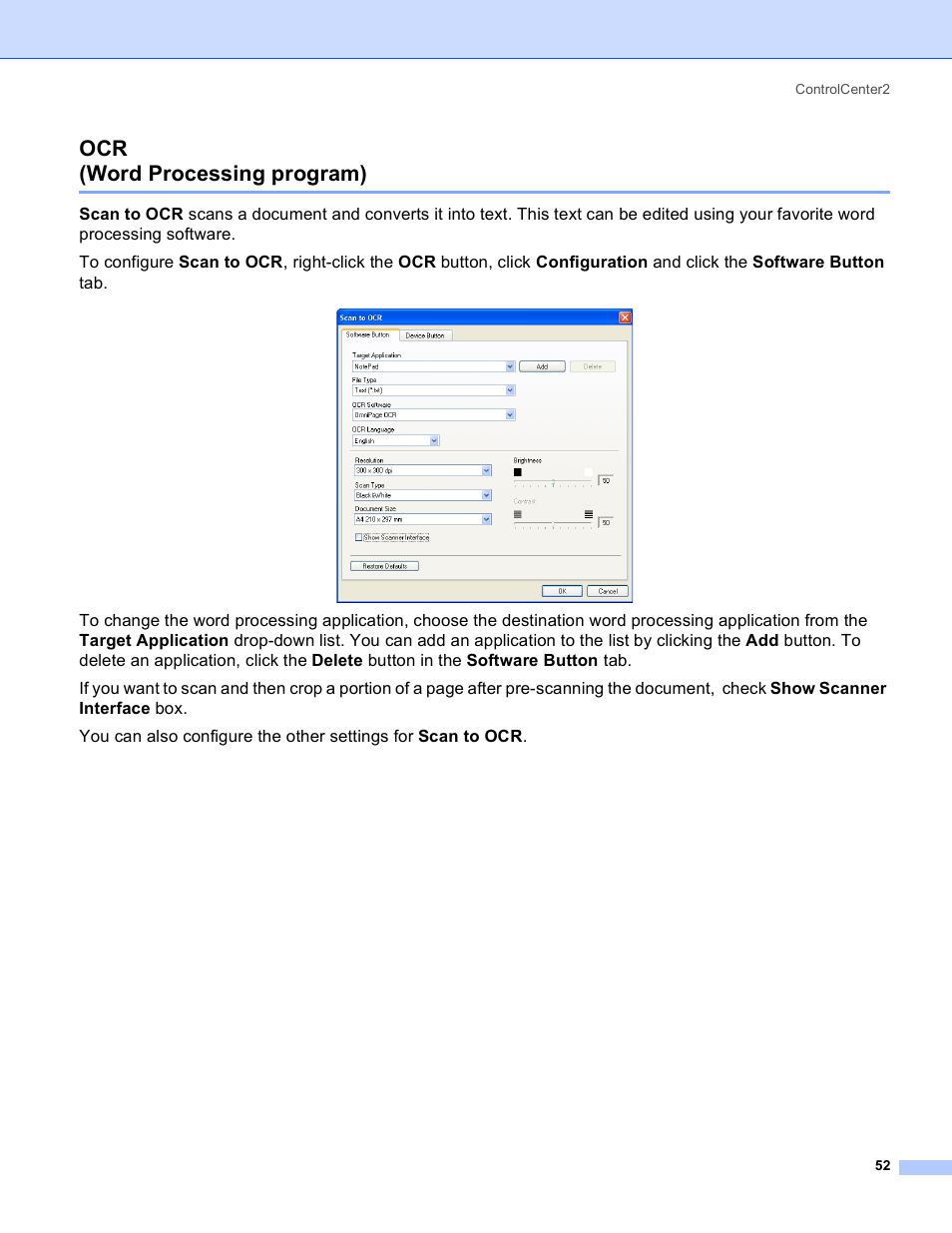 Ocr (word processing program), Word processing program) | Brother MFC-640CW User Manual | Page 58 / 160