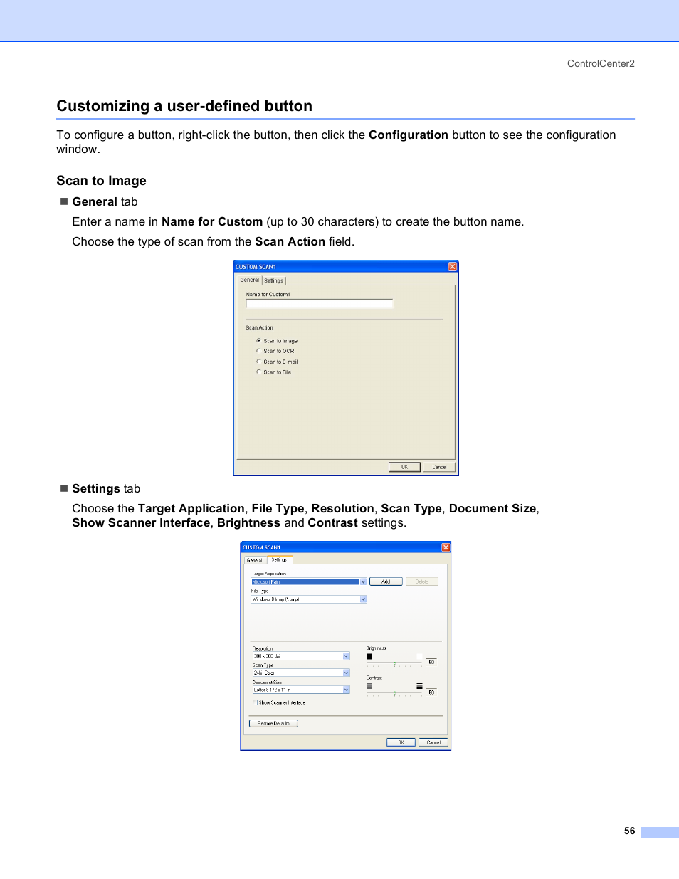 Customizing a user-defined button, Scan to image | Brother MFC-640CW User Manual | Page 62 / 160