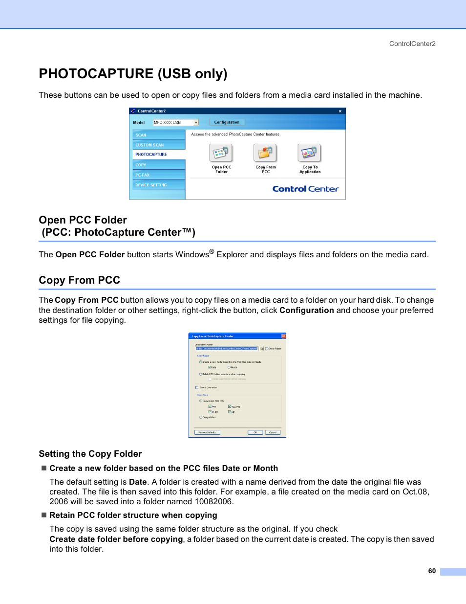 Photocapture (usb only), Open pcc folder (pcc: photocapture center™), Copy from pcc | Setting the copy folder, Open pcc folder, Pcc: photocapture center™) | Brother MFC-640CW User Manual | Page 66 / 160
