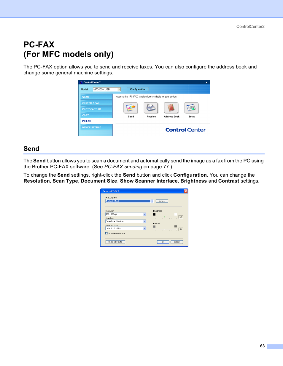 Pc-fax (for mfc models only), Send, Pc-fax | For mfc models only) | Brother MFC-640CW User Manual | Page 69 / 160