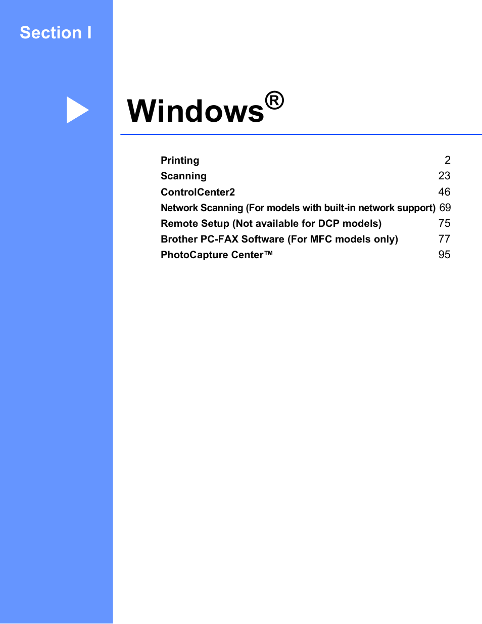 Section i windows, Windows | Brother MFC-640CW User Manual | Page 7 / 160