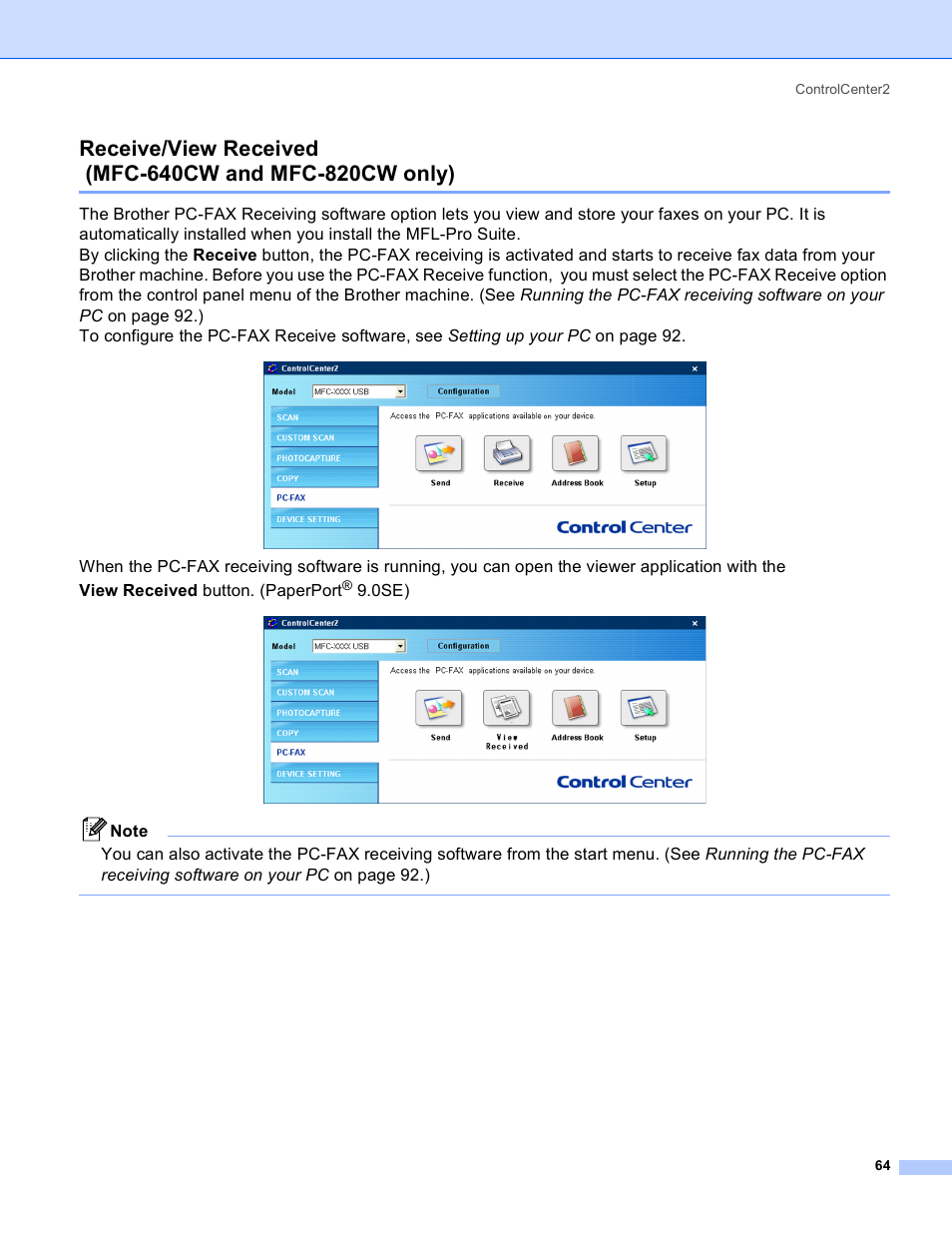 Receive/view received, Mfc-640cw and mfc-820cw only), 0se) | Brother MFC-640CW User Manual | Page 70 / 160