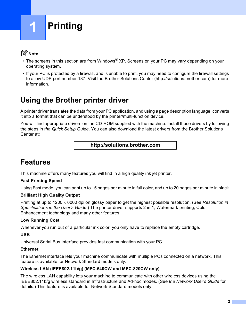 1 printing, Using the brother printer driver, Features | Printing, Using the brother printer driver features | Brother MFC-640CW User Manual | Page 8 / 160