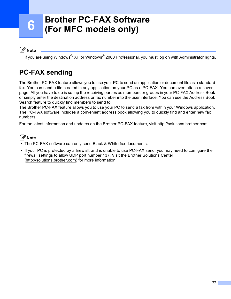 6 brother pc-fax software (for mfc models only), Pc-fax sending, Brother pc-fax software (for mfc models only) | Brother MFC-640CW User Manual | Page 83 / 160