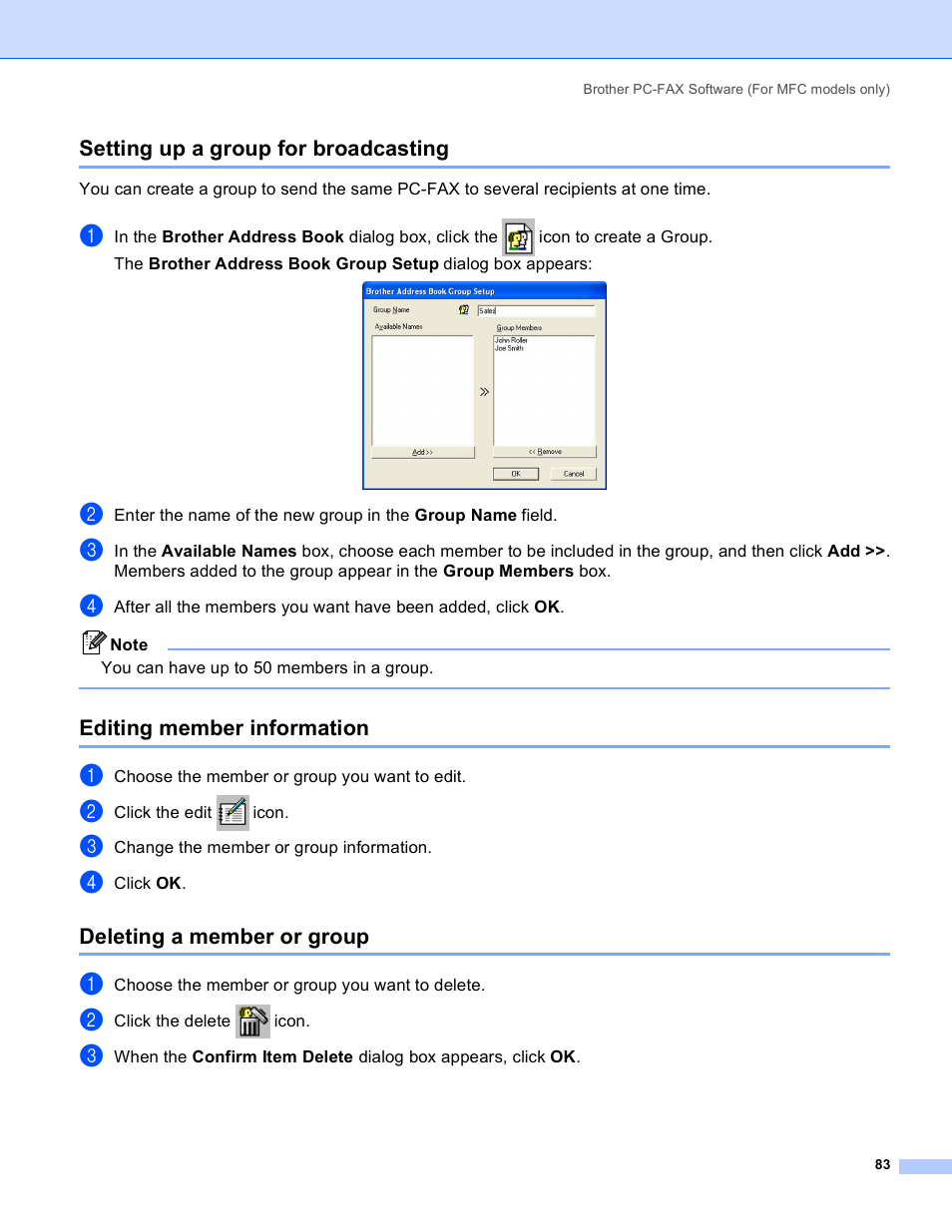 Setting up a group for broadcasting, Editing member information, Deleting a member or group | Brother MFC-640CW User Manual | Page 89 / 160