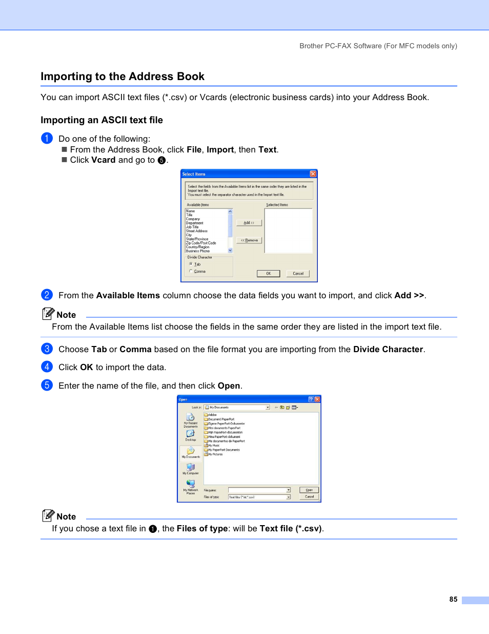 Importing to the address book, Importing an ascii text file | Brother MFC-640CW User Manual | Page 91 / 160