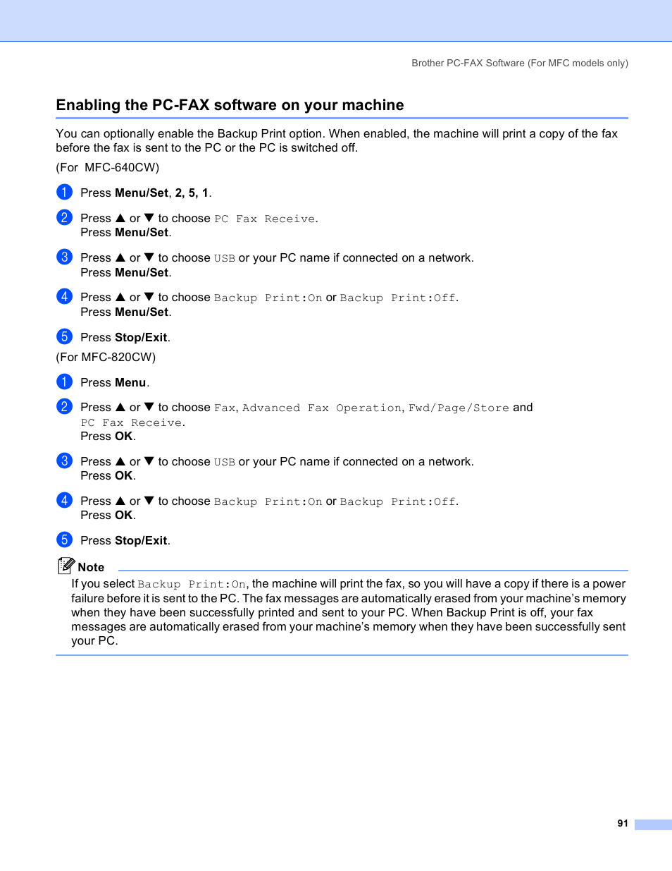 Enabling the pc-fax software on your machine | Brother MFC-640CW User Manual | Page 97 / 160