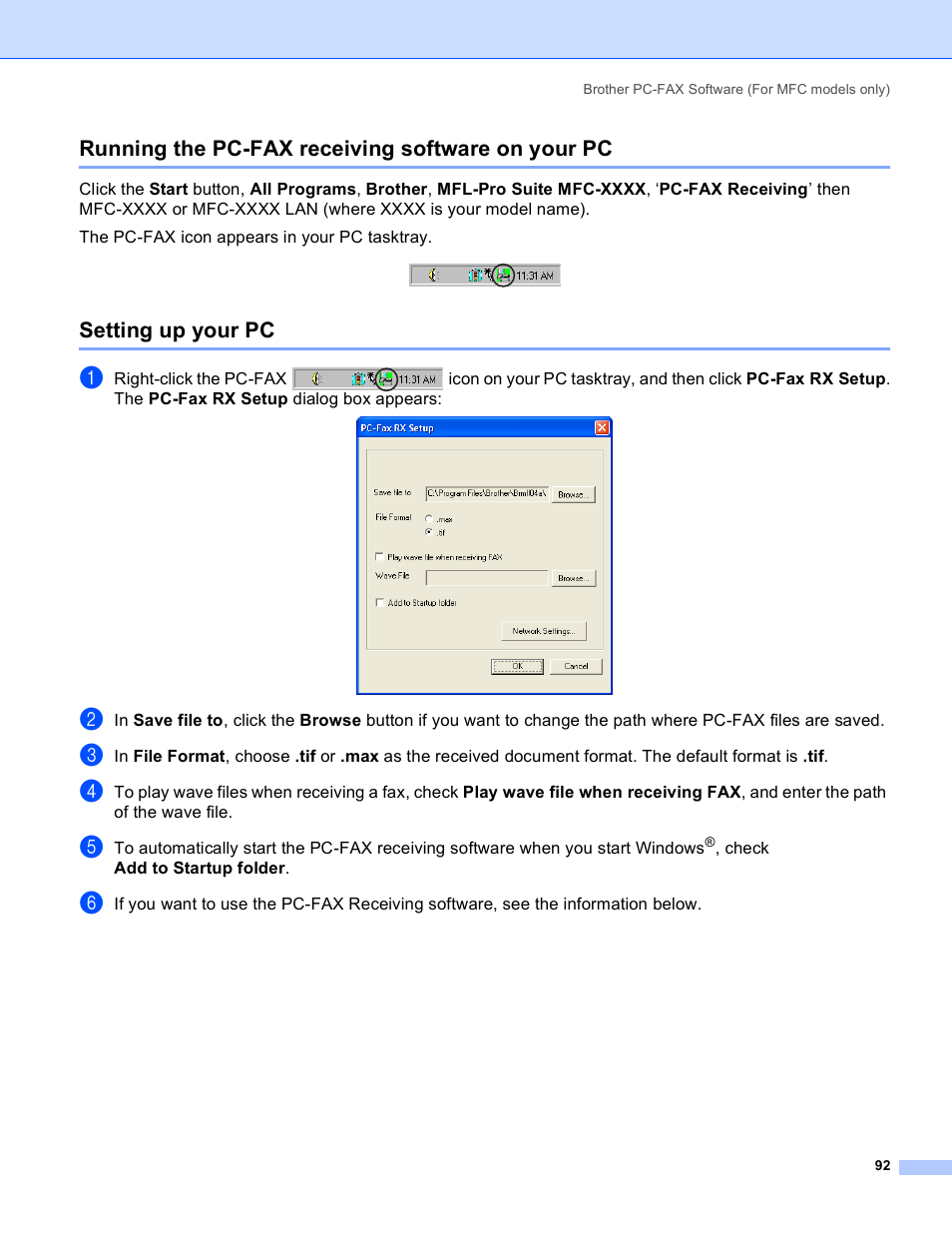 Running the pc-fax receiving software on your pc, Setting up your pc | Brother MFC-640CW User Manual | Page 98 / 160