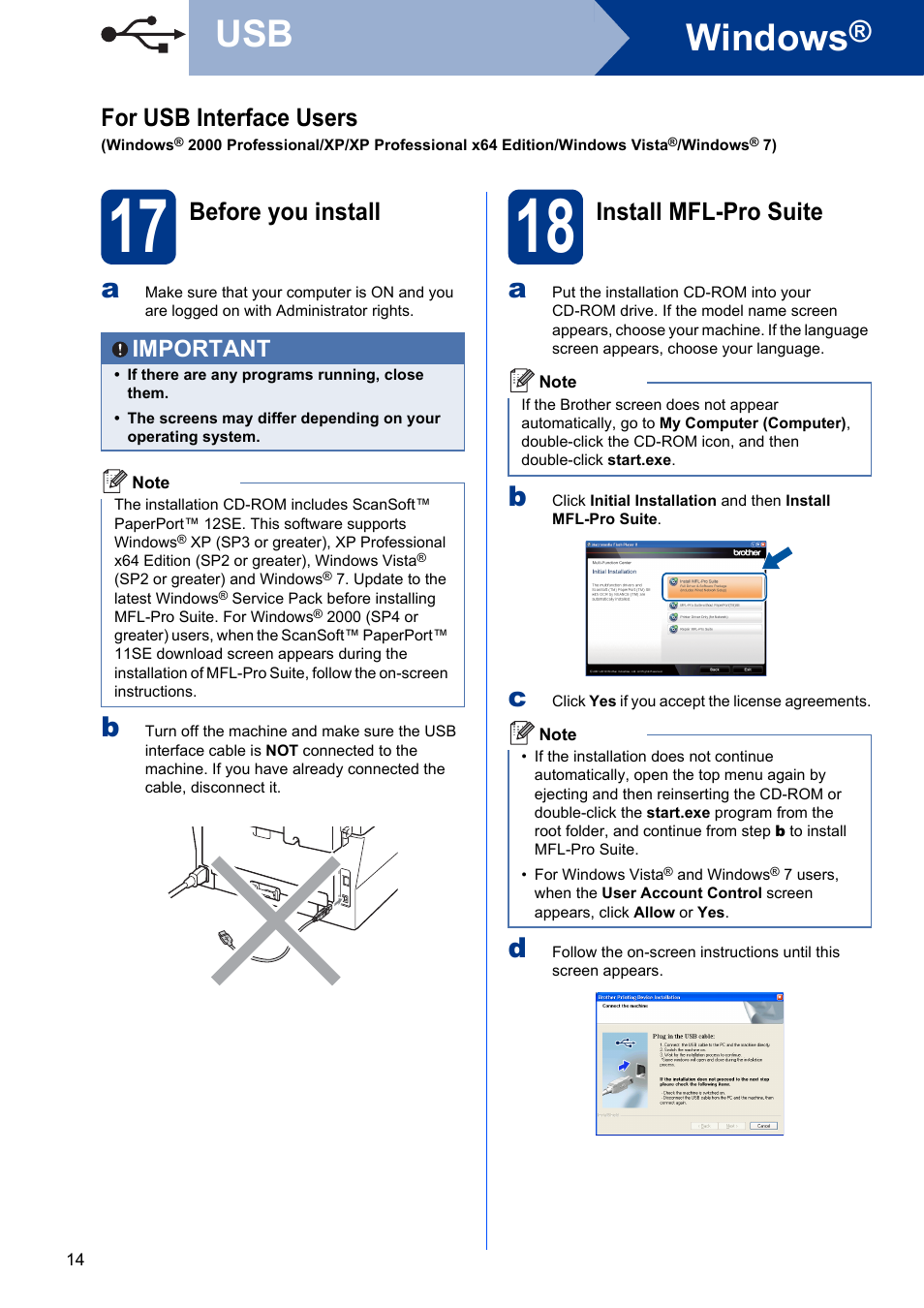 17 before you install, 18 install mfl-pro suite, Windows | For usb interface users, Before you install, Install mfl-pro suite, Important | Brother MFC 7460DN User Manual | Page 14 / 25