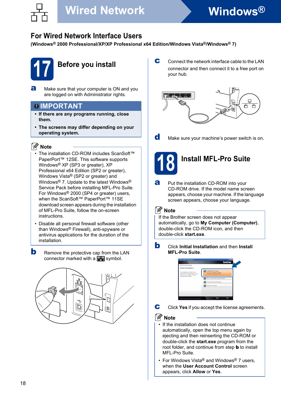 17 before you install, 18 install mfl-pro suite, Windows | Wired network, For wired network interface users, Before you install, Install mfl-pro suite, Important | Brother MFC 7460DN User Manual | Page 18 / 25