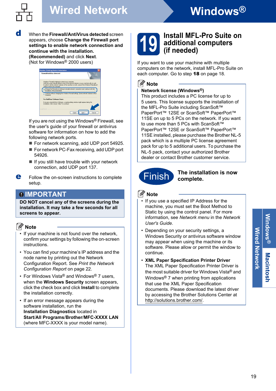 Windows, Wired network, Finish | Important | Brother MFC 7460DN User Manual | Page 19 / 25