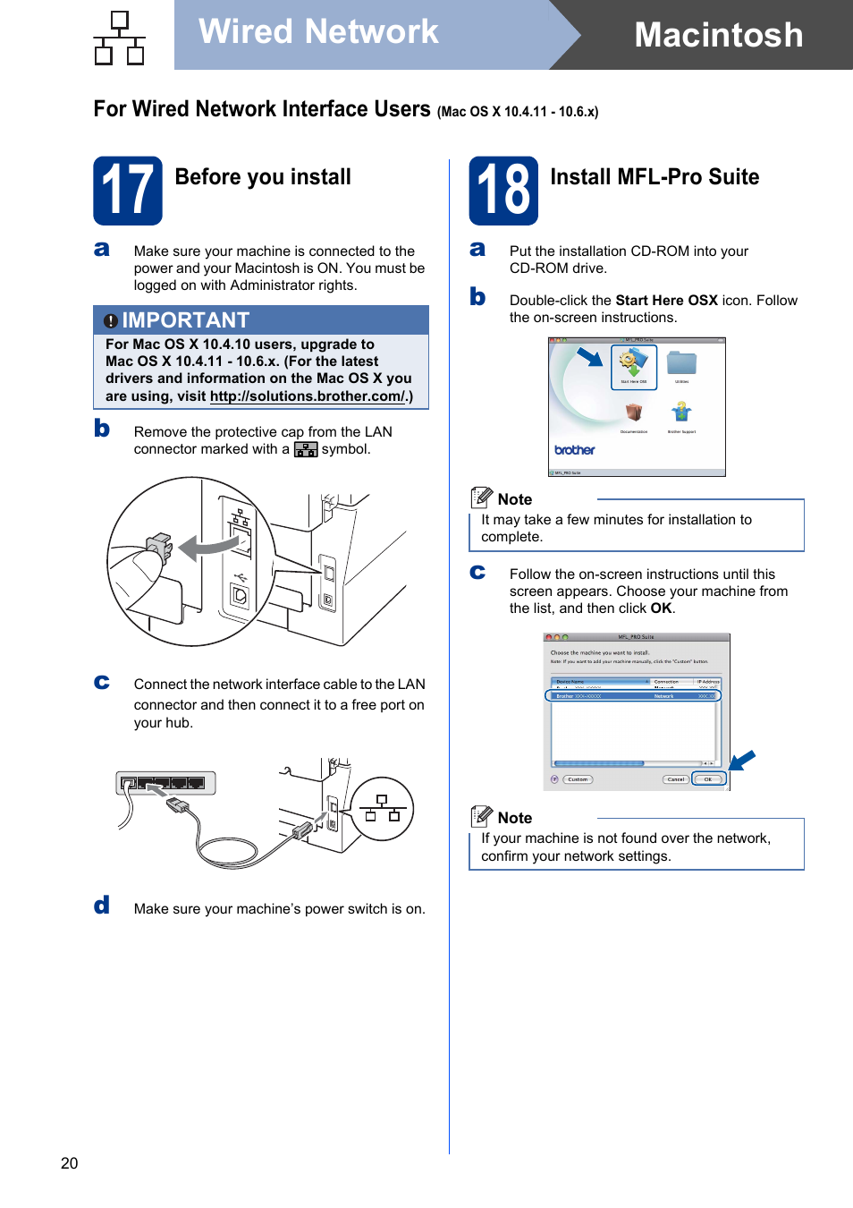 17 before you install, 18 install mfl-pro suite, Macintosh wired network | Brother MFC 7460DN User Manual | Page 20 / 25