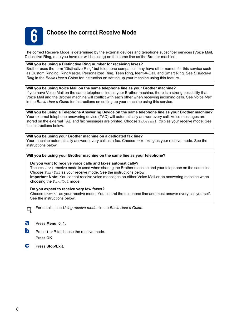 6 choose the correct receive mode, Choose the correct receive mode | Brother MFC 7460DN User Manual | Page 8 / 25