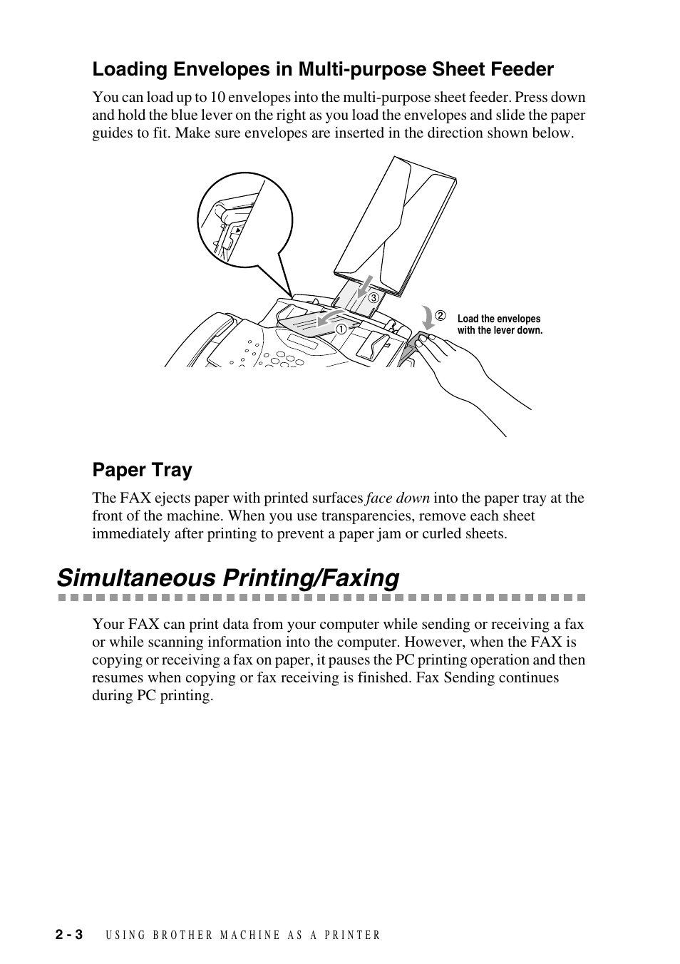 Loading envelopes in multi-purpose sheet feeder, Paper tray, Simultaneous printing/faxing | Simultaneous printing/faxing -3 | Brother FAX-3800 User Manual | Page 25 / 26