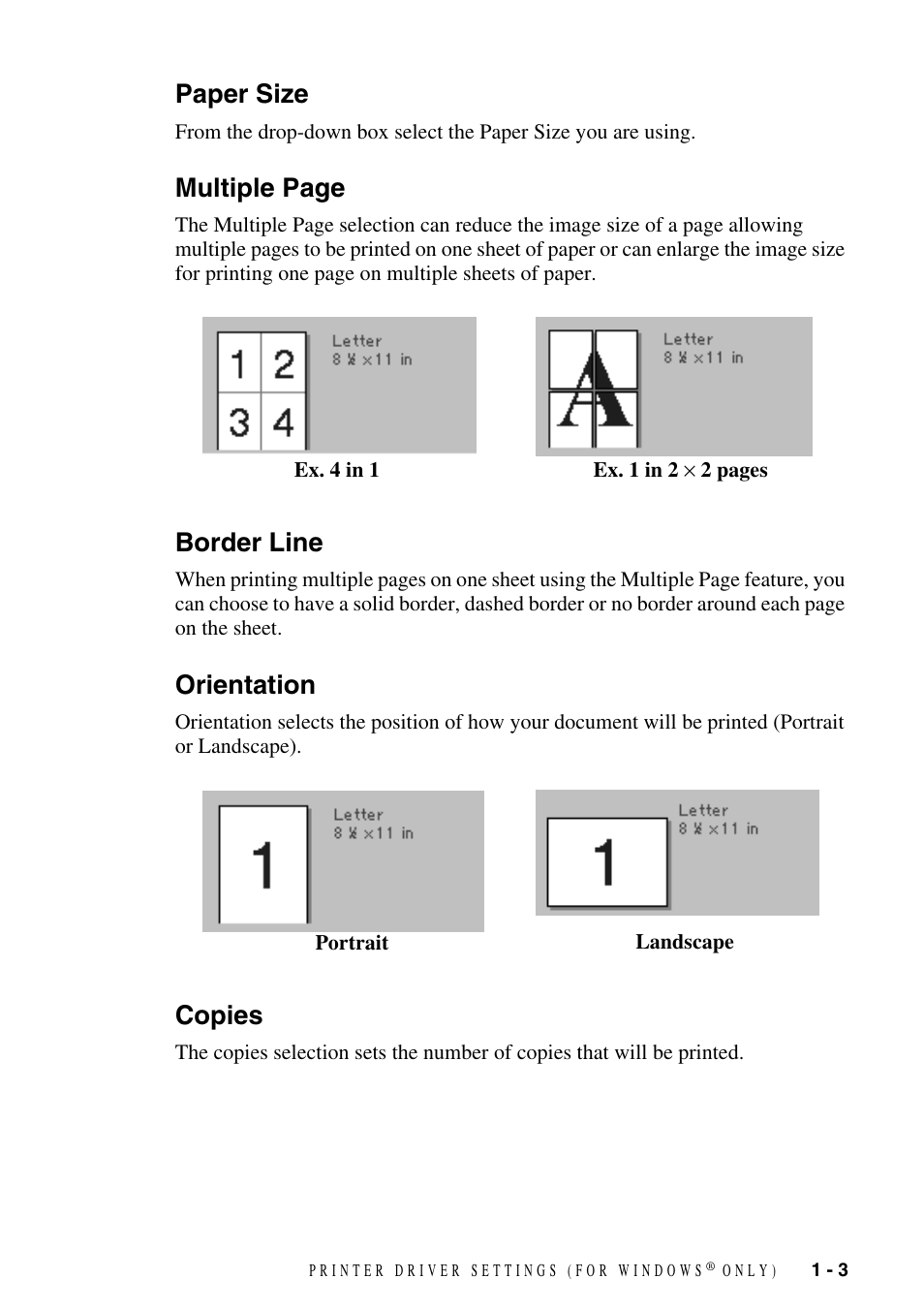 Paper size, Border line, Orientation | Copies, Multiple page | Brother FAX-3800 User Manual | Page 6 / 26