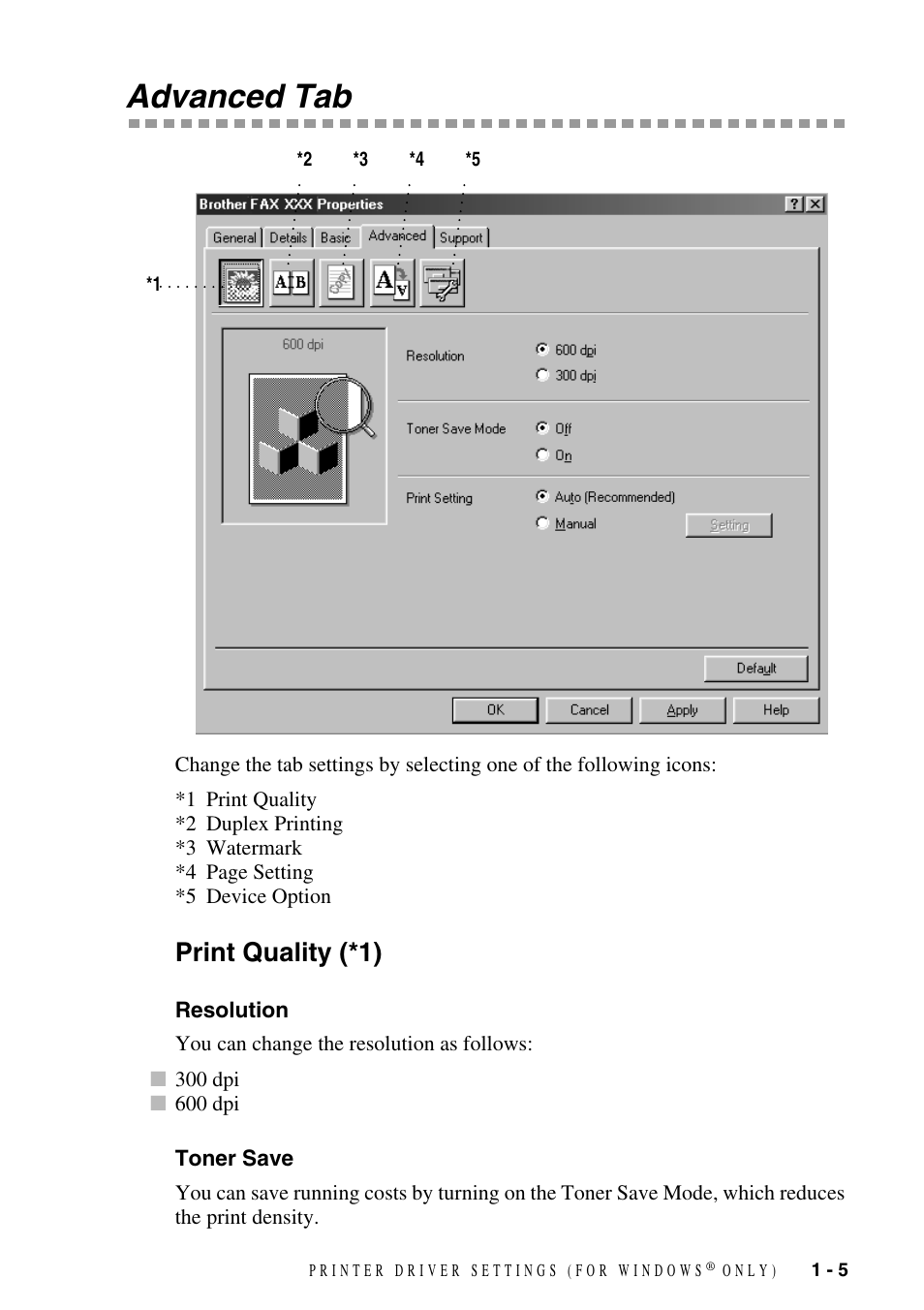 Advanced tab, Print quality (*1), Resolution | Toner save, Advanced tab -5, Print quality (*1) -5, Resolution -5 toner save -5 | Brother FAX-3800 User Manual | Page 8 / 26