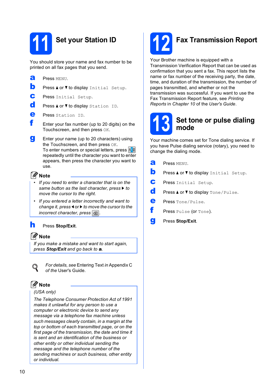 11 set your station id, 12 fax transmission report, 13 set tone or pulse dialing mode | Brother MFC-795CW User Manual | Page 10 / 46
