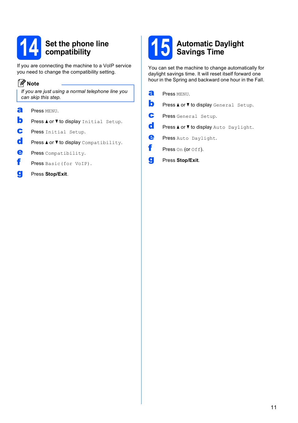 14 set the phone line compatibility, 15 automatic daylight savings time | Brother MFC-795CW User Manual | Page 11 / 46