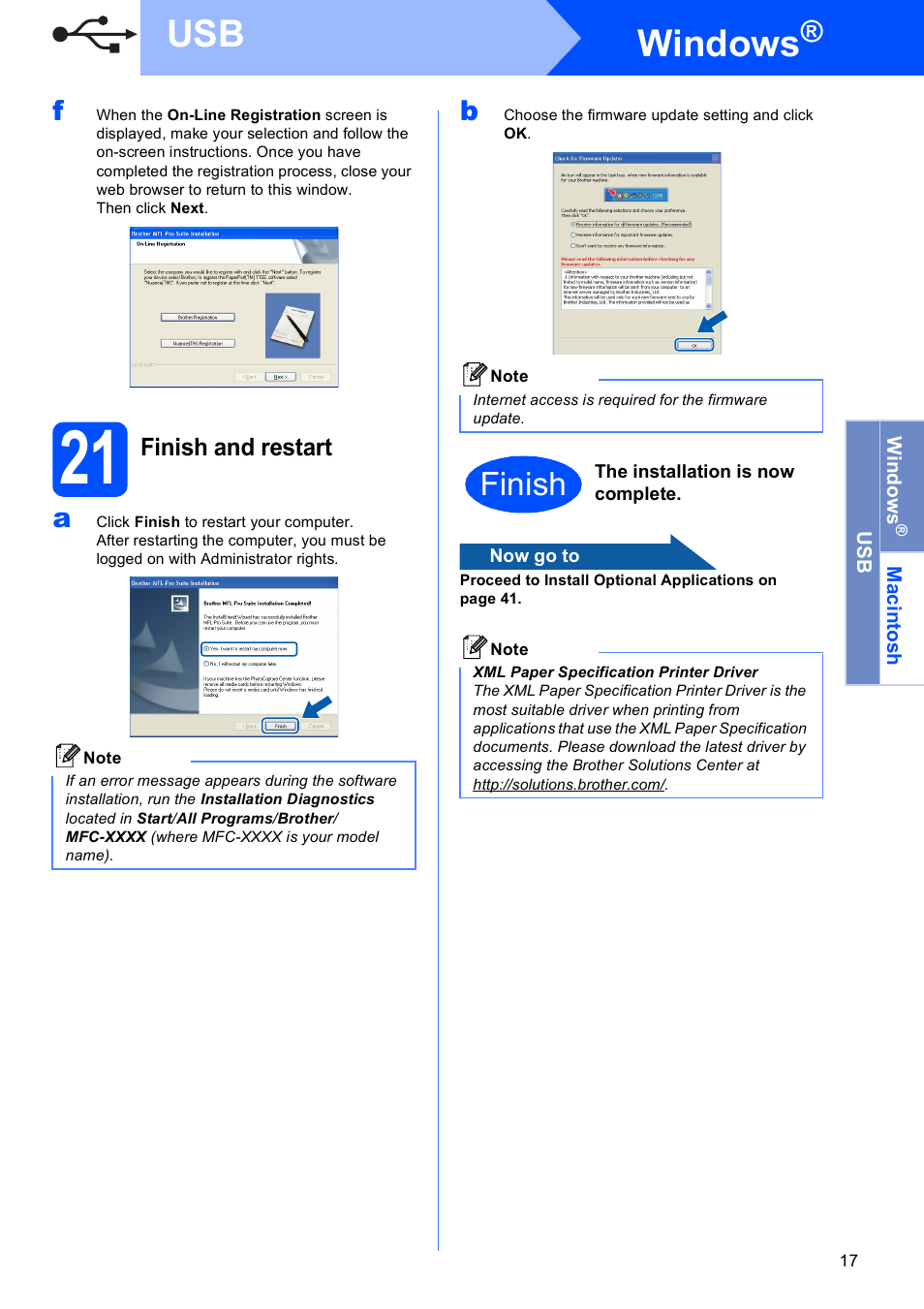 21 finish and restart, Windows, Finish | Brother MFC-795CW User Manual | Page 17 / 46
