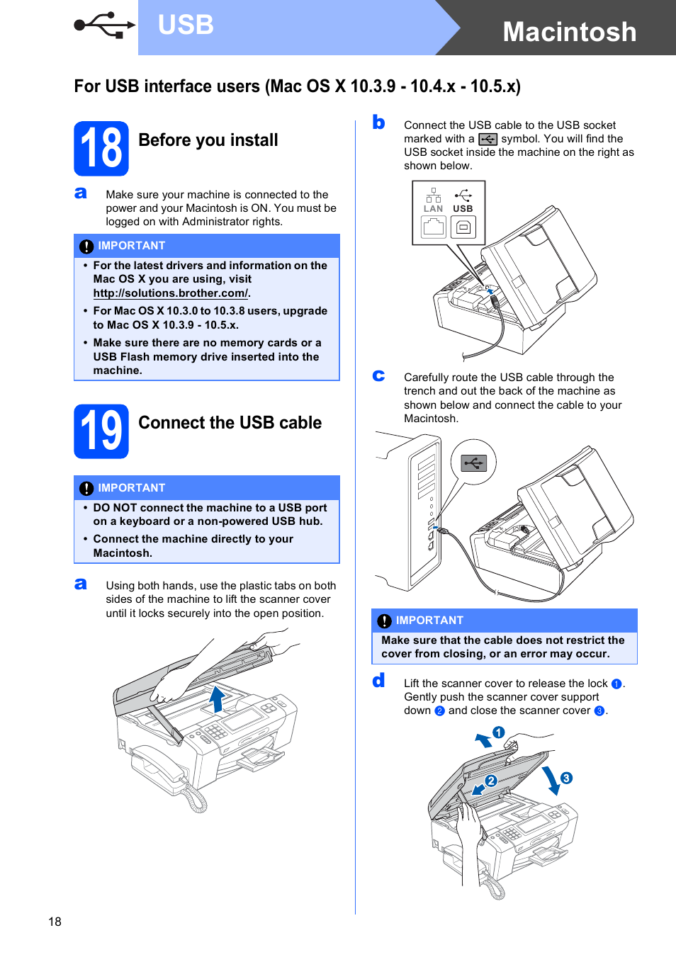 18 before you install, 19 connect the usb cable, Macintosh usb | Before you install, Connect the usb cable | Brother MFC-795CW User Manual | Page 18 / 46
