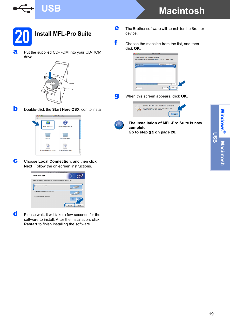 20 install mfl-pro suite, Macintosh usb | Brother MFC-795CW User Manual | Page 19 / 46
