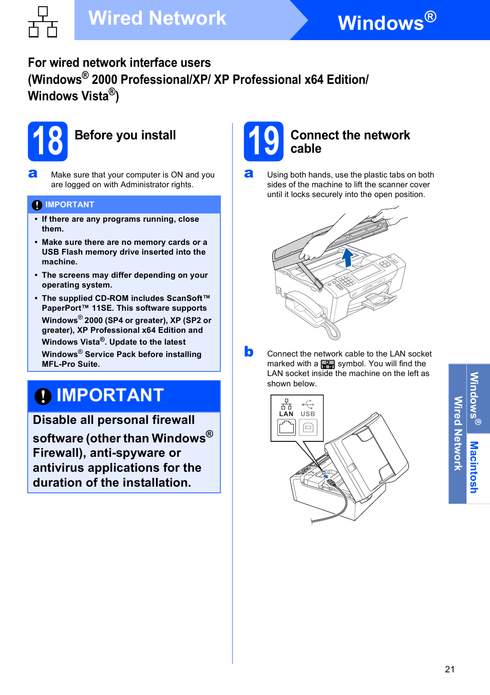 18 before you install, 19 connect the network cable, Windows | Wired network, Important | Brother MFC-795CW User Manual | Page 21 / 46