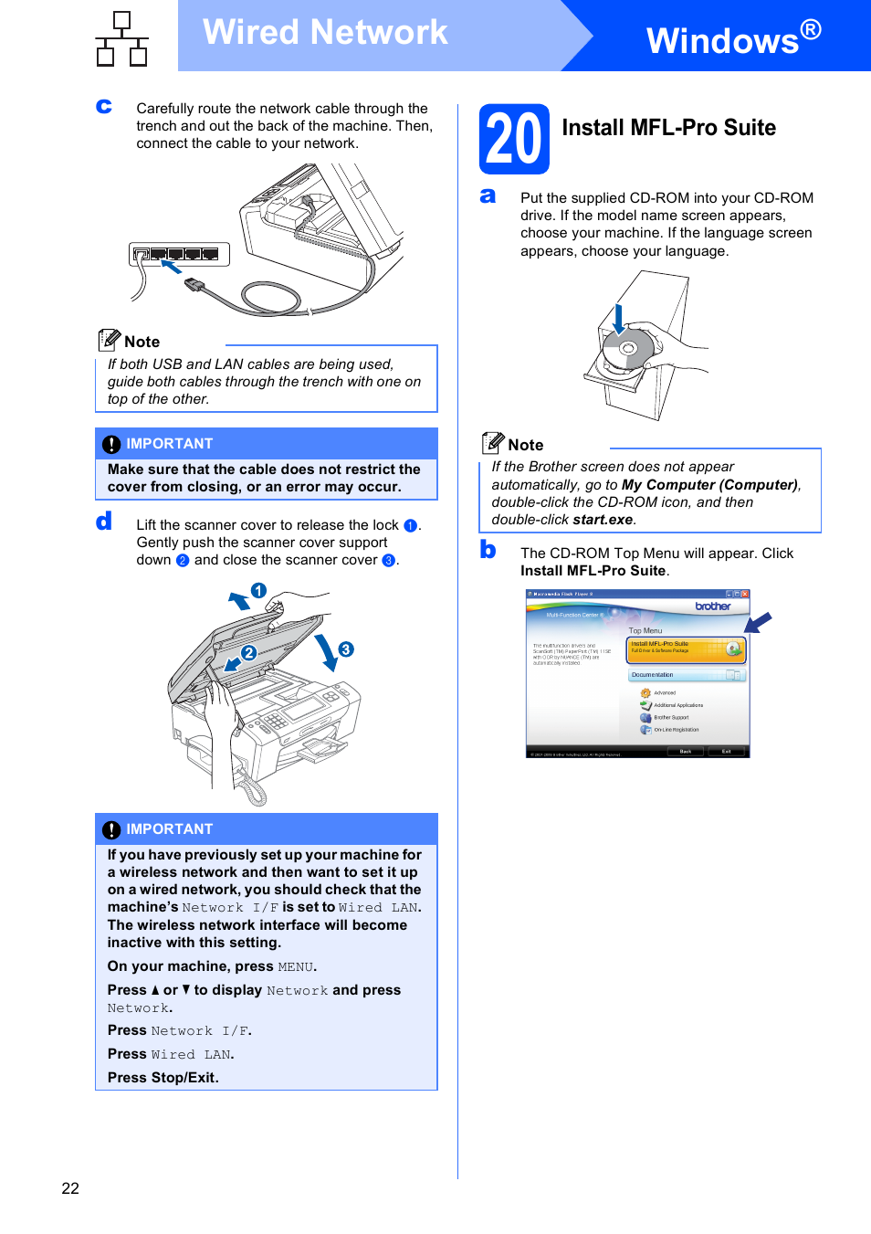 20 install mfl-pro suite, Windows, Wired network | Install mfl-pro suite | Brother MFC-795CW User Manual | Page 22 / 46