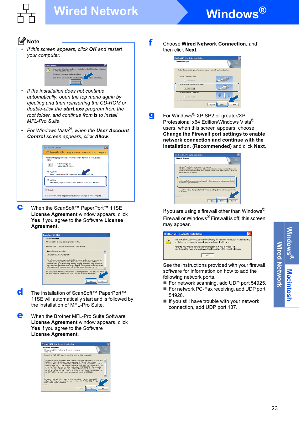 Windows, Wired network | Brother MFC-795CW User Manual | Page 23 / 46