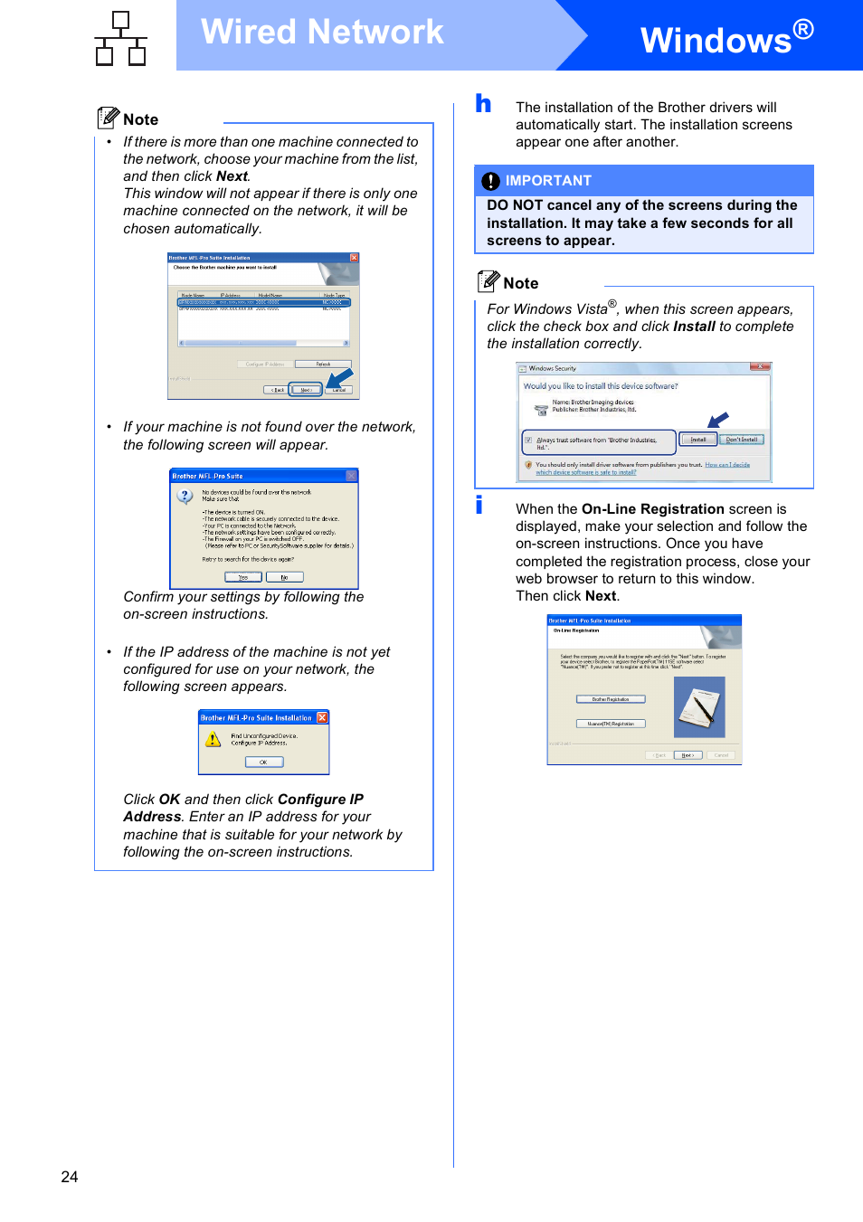 Windows, Wired network | Brother MFC-795CW User Manual | Page 24 / 46