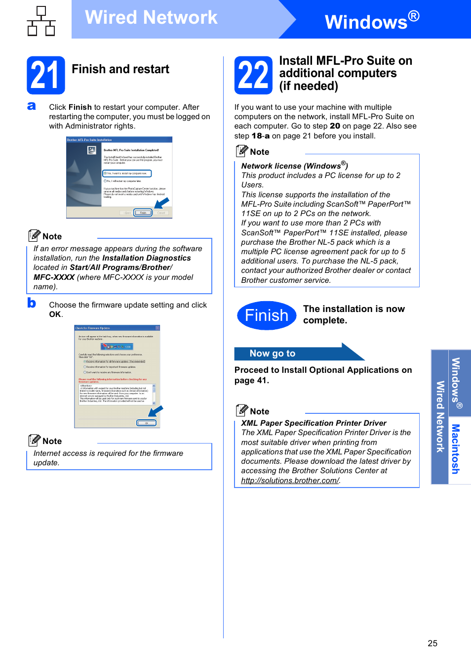 21 finish and restart, Windows, Wired network | Finish | Brother MFC-795CW User Manual | Page 25 / 46