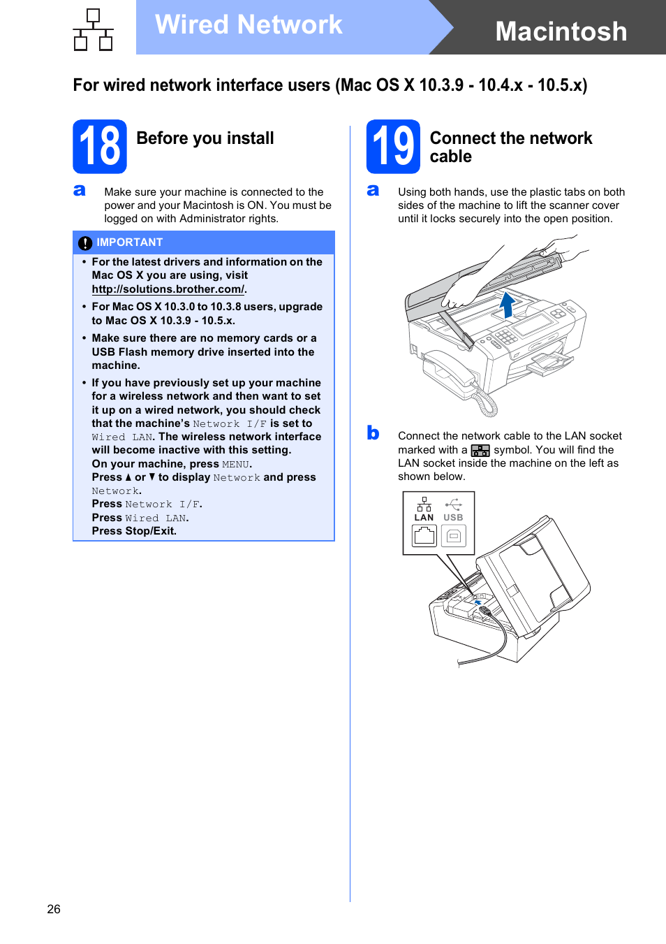18 before you install, 19 connect the network cable, Macintosh wired network | Brother MFC-795CW User Manual | Page 26 / 46