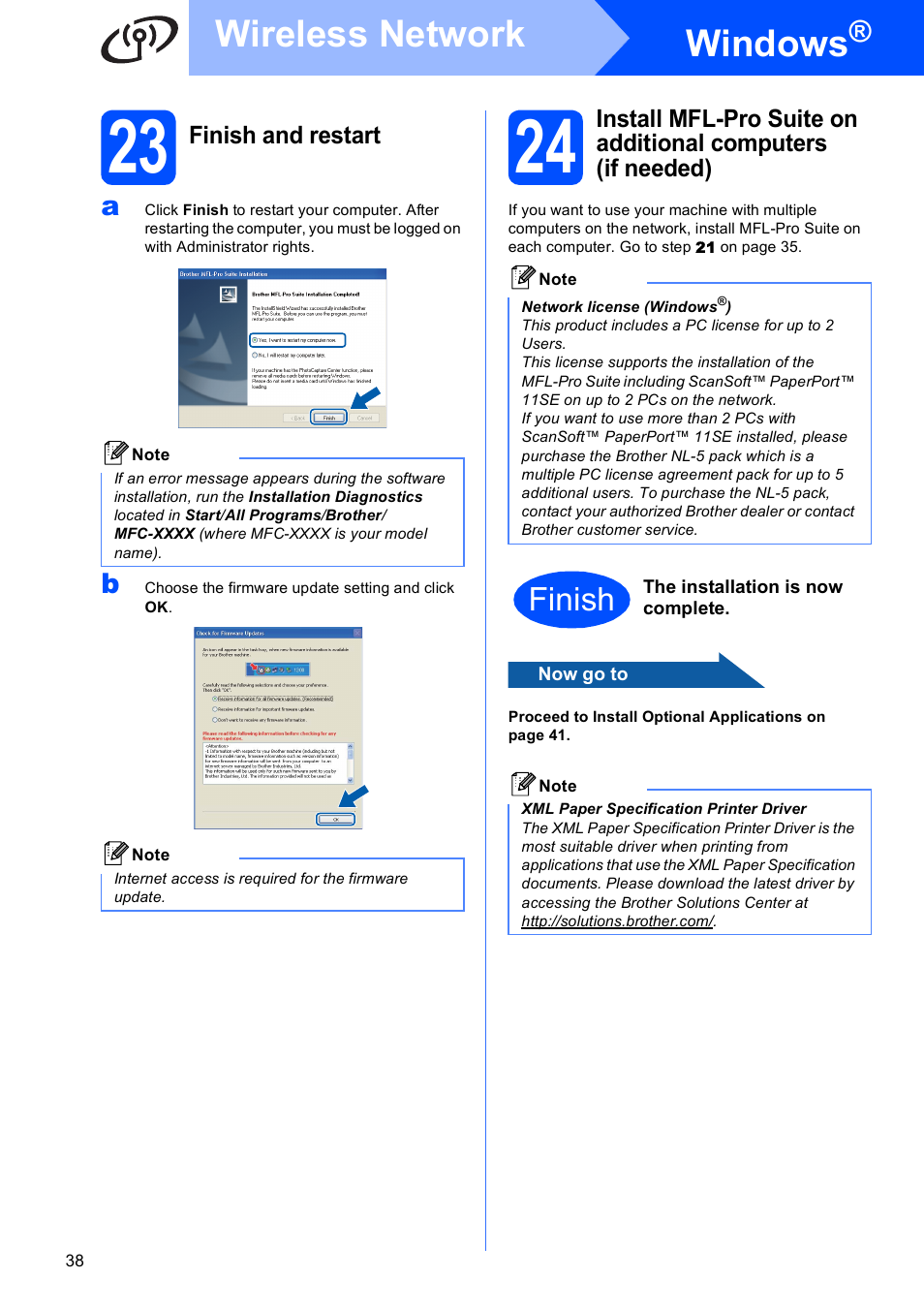 23 finish and restart, Windows, Wireless network | Finish | Brother MFC-795CW User Manual | Page 38 / 46