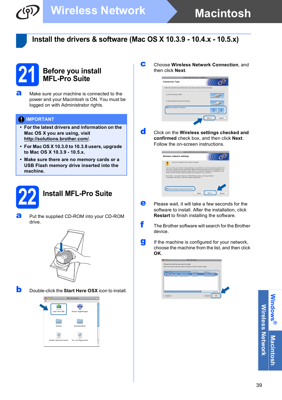 21 before you install mfl-pro suite, 22 install mfl-pro suite, Macintosh wireless network | Brother MFC-795CW User Manual | Page 39 / 46