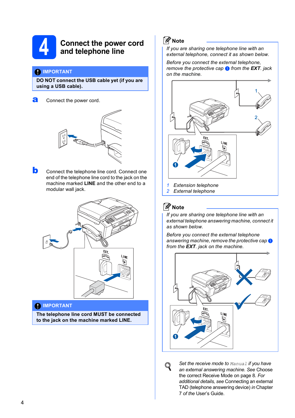 4 connect the power cord and telephone line, Connect the power cord and telephone line | Brother MFC-795CW User Manual | Page 4 / 46