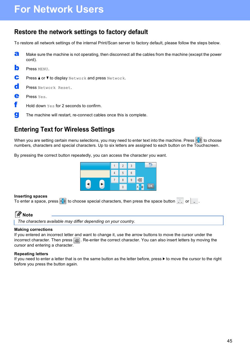 Restore the network settings to factory default, Entering text for wireless settings, For network users | Brother MFC-795CW User Manual | Page 45 / 46