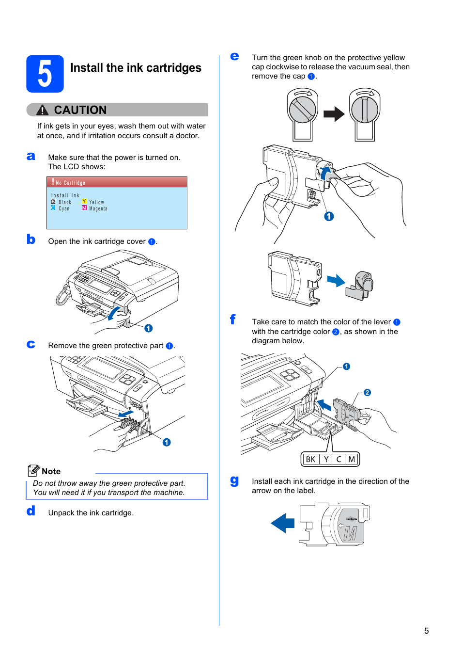 5 install the ink cartridges, Install the ink cartridges, Caution | Brother MFC-795CW User Manual | Page 5 / 46