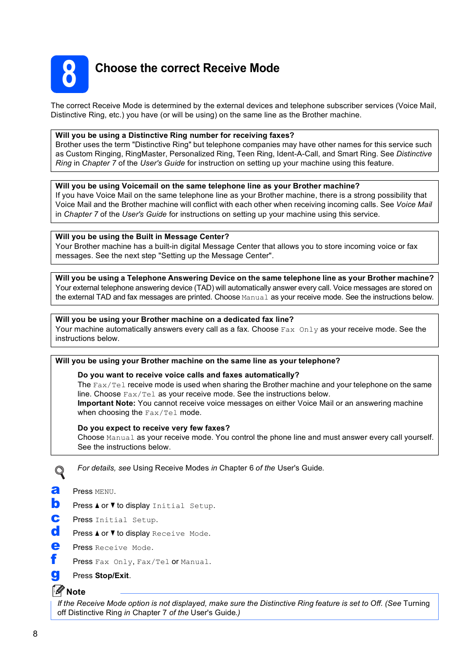 8 choose the correct receive mode, Choose the correct receive mode | Brother MFC-795CW User Manual | Page 8 / 46