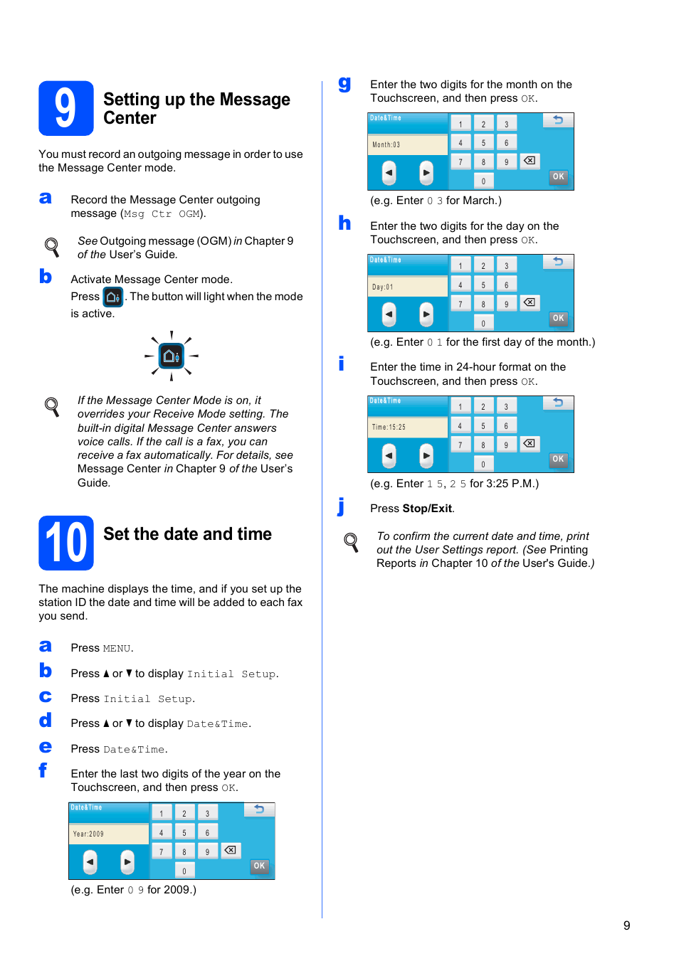 9 setting up the message center, 10 set the date and time, Setting up the message center | Set the date and time | Brother MFC-795CW User Manual | Page 9 / 46