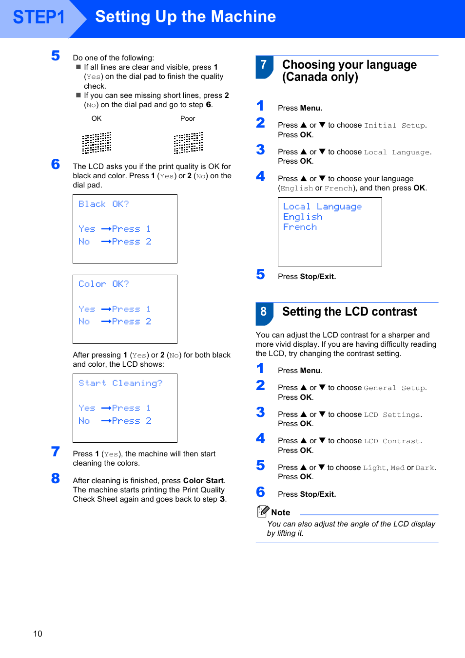 7 choosing your language (canada only), 8 setting the lcd contrast, Step1 | Setting up the machine, 7choosing your language (canada only), 8setting the lcd contrast | Brother MFC-440CN User Manual | Page 12 / 35