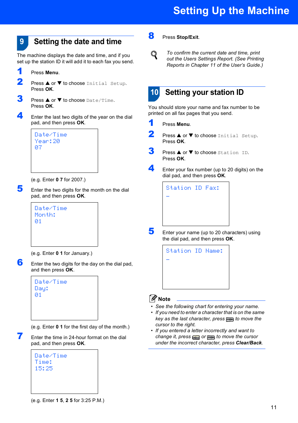 9 setting the date and time, 10 setting your station id, Setting the date and time setting your station id | Setting up the machine, 9setting the date and time | Brother MFC-440CN User Manual | Page 13 / 35