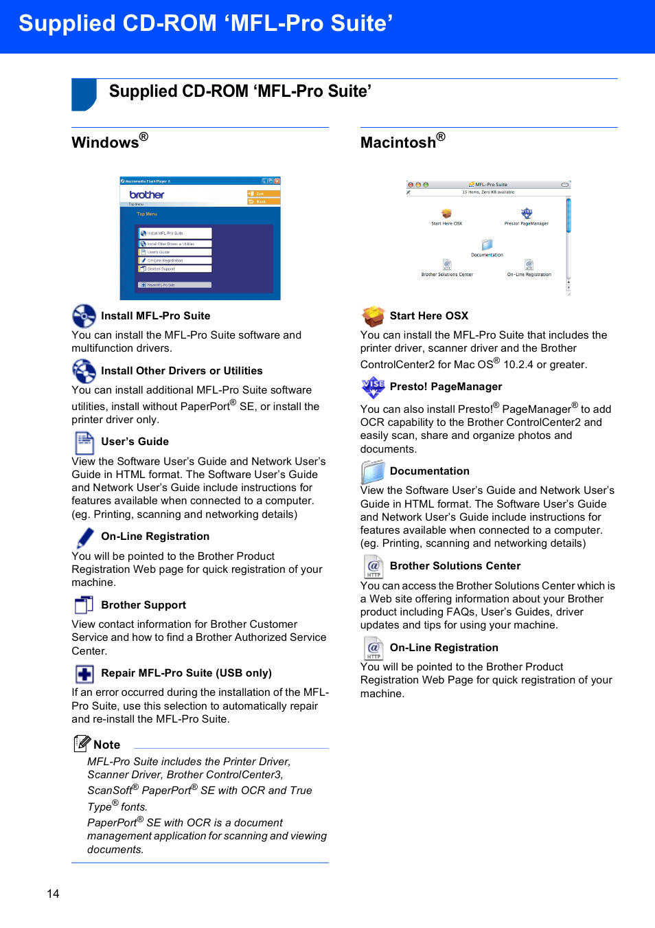 Step2 installing the driver & software, Supplied cd-rom ‘mfl-pro suite, Windows | Macintosh | Brother MFC-440CN User Manual | Page 16 / 35