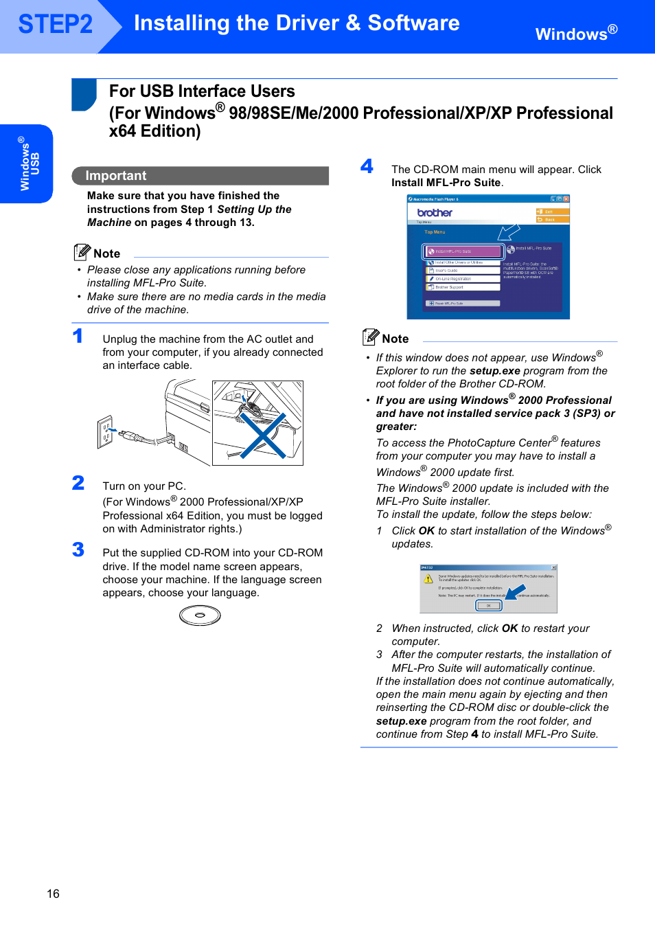 Windows, For usb interface users (for windows, For usb interface users | For windows, Step2, Installing the driver & software, Important | Brother MFC-440CN User Manual | Page 18 / 35