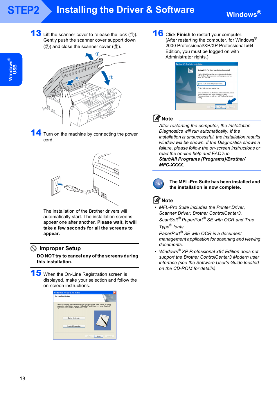 Step2, Installing the driver & software, Windows | Improper setup | Brother MFC-440CN User Manual | Page 20 / 35