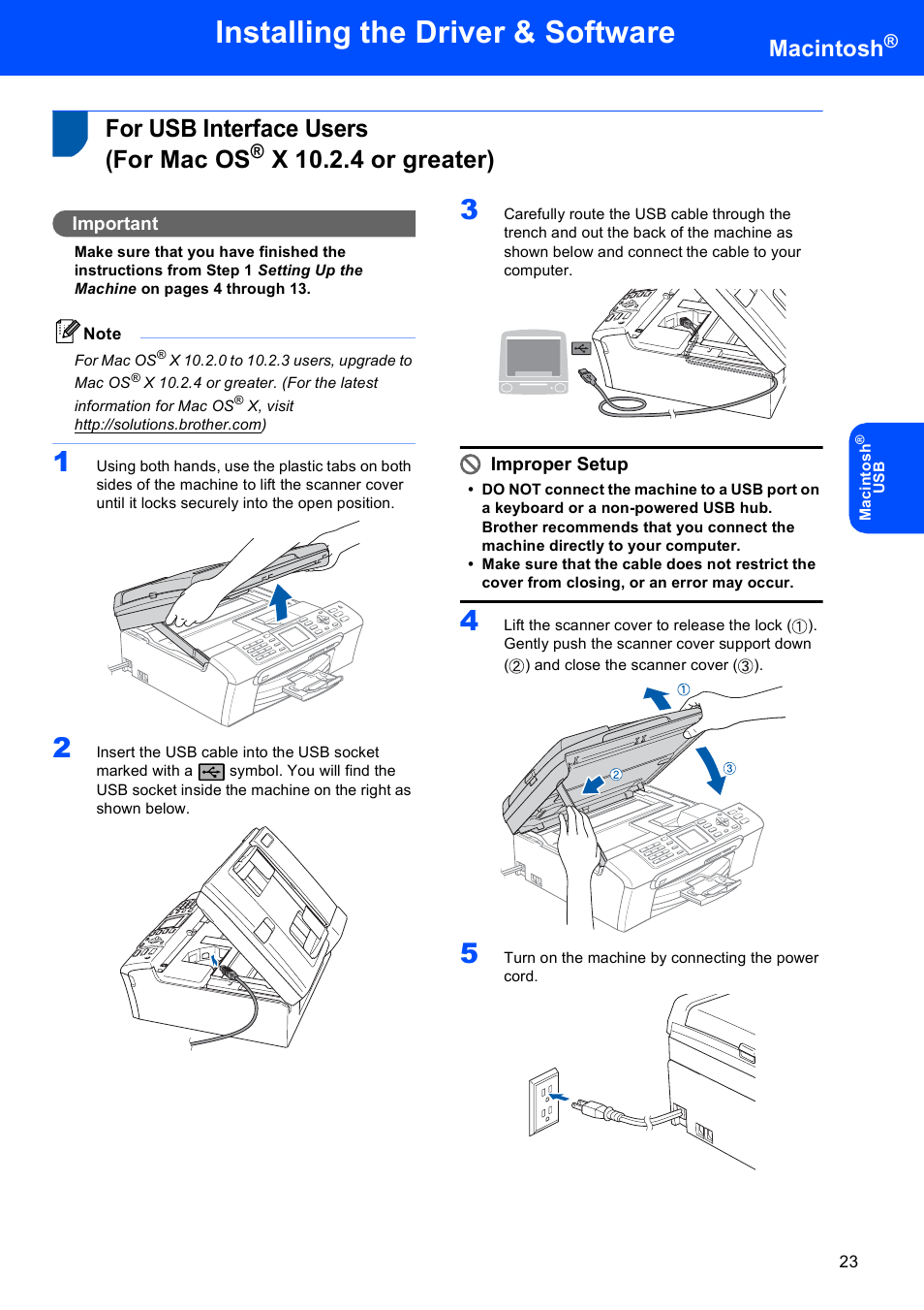 Macintosh, For usb interface users (for mac os, X 10.2.4 or greater) | For usb interface users, For mac os, Installing the driver & software, Important, Improper setup | Brother MFC-440CN User Manual | Page 25 / 35