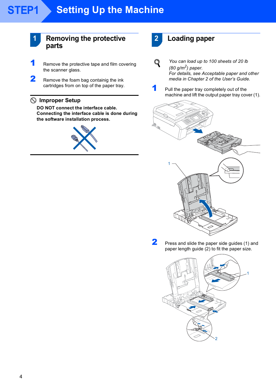 Step1 setting up the machine, 1 removing the protective parts, 2 loading paper | Step1, Setting up the machine, Removing the protective parts loading paper, 1removing the protective parts, 2loading paper | Brother MFC-440CN User Manual | Page 6 / 35