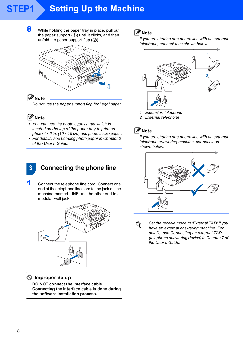 3 connecting the phone line, Connecting the phone line, Step1 | Setting up the machine, 3connecting the phone line, Improper setup | Brother MFC-440CN User Manual | Page 8 / 35